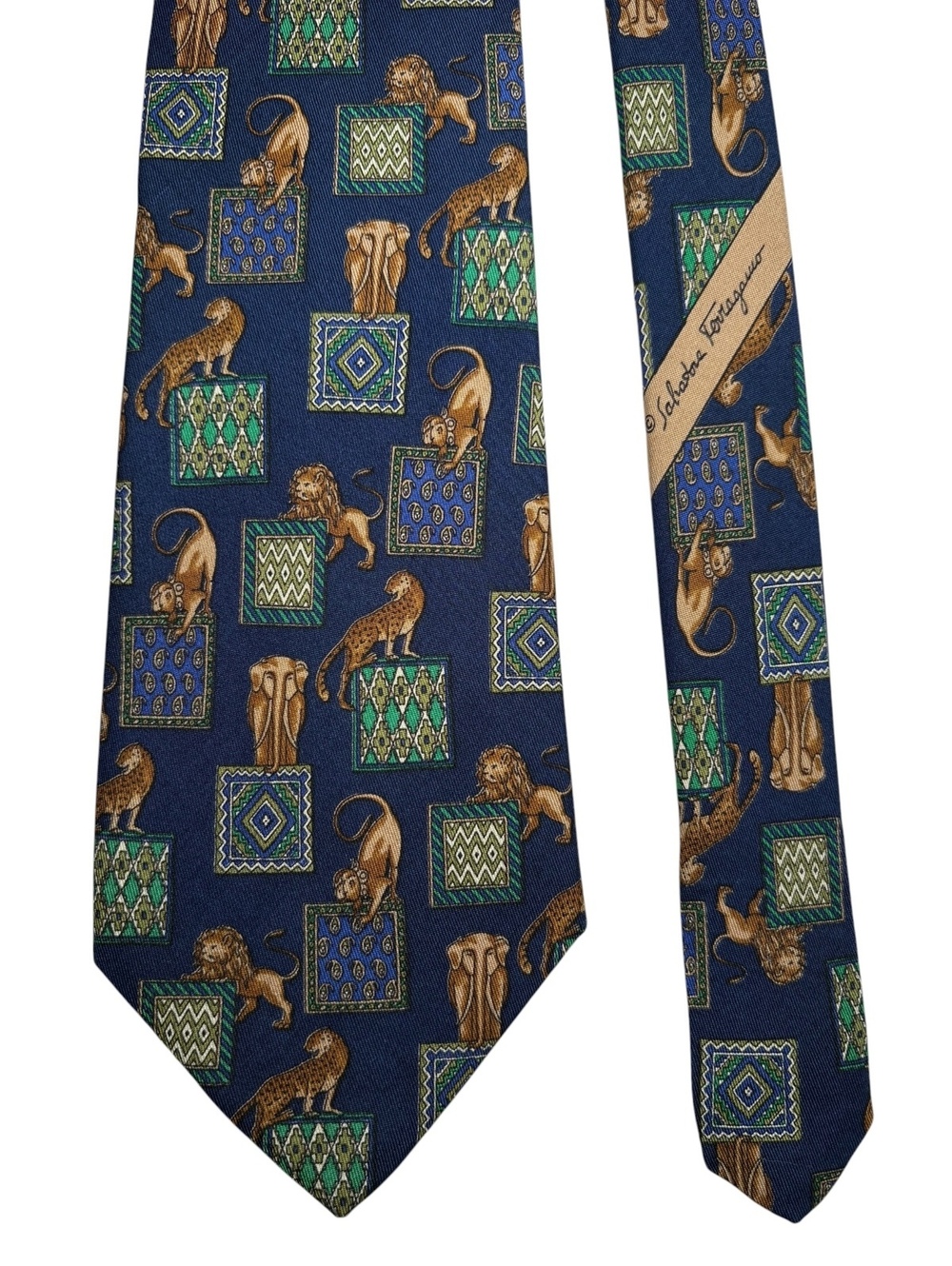 Salvatore Ferragamo Silk Navy Geometric Animal Print Made in Italy Tie